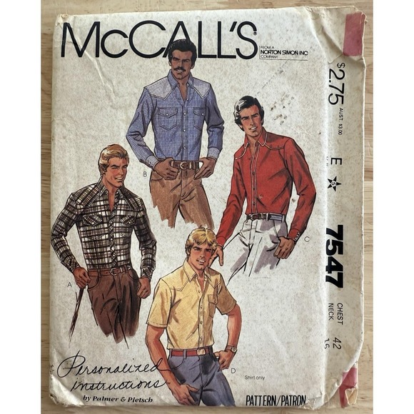 Vtg 80's McCall's 7547 FRONT BACK YOKES WESTERN SHIRT Sewing Pattern Mens Sz 42" - Picture 1 of 4